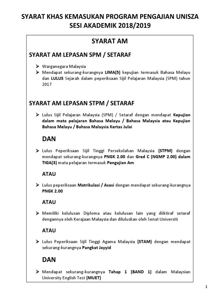 Syarat Khas Kemasukan Program Pengajian Unisza Sesi Akademik 20182019 Pdf