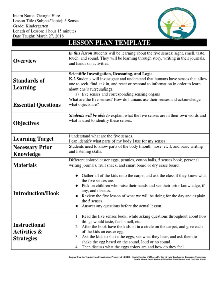 Lesson Plan Template and Reflection | PDF | Senses | Lesson Plan