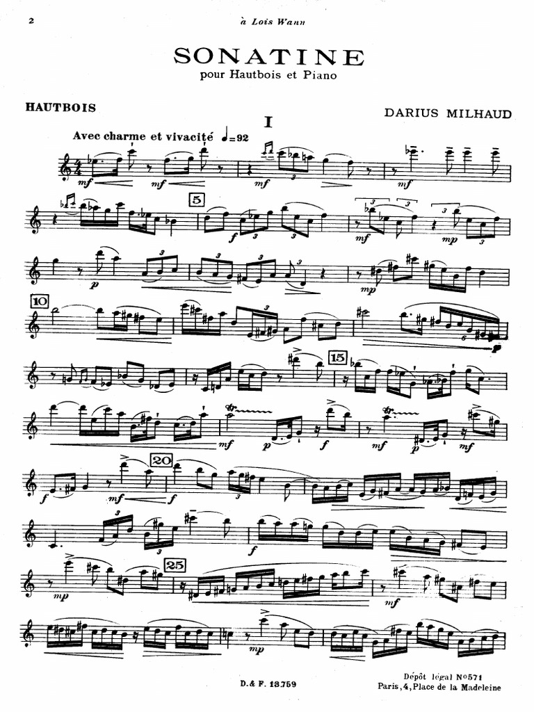 Milhaud Sonatine For Oboe and Piano PDF PDF