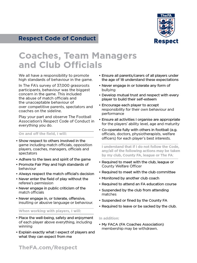 Coaches, Team Managers and Club Officials Respect Code of Conduct