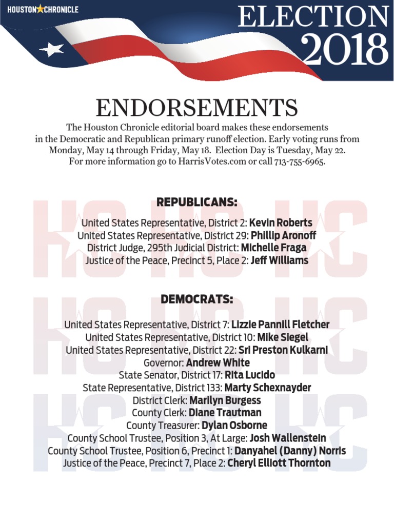 Houston Chronicle 2018 Election Endorsements | PDF | The United States | November Events