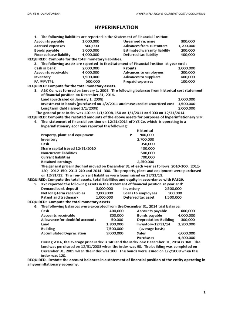 Exercises On Hyperinflation and Cost Accounting | PDF | Historical Cost ...
