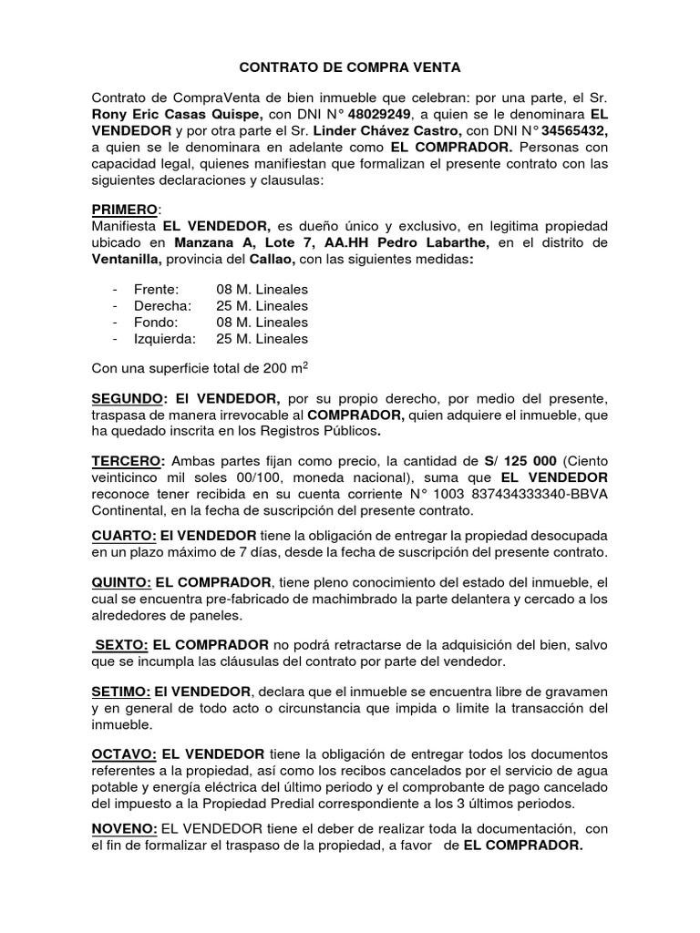 Contrato de Compra y Venta de una rpropiedad Propiedad