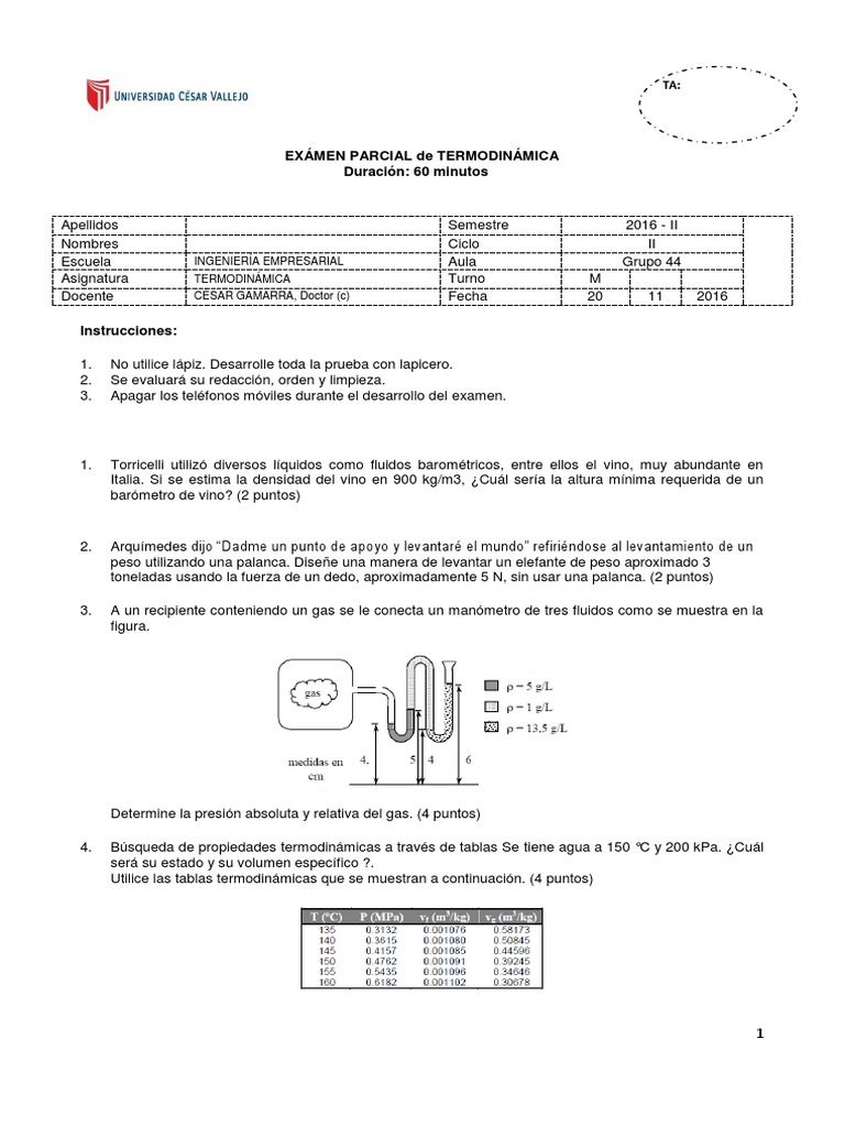 Examen Parcial de Termodinámica 2016 | PDF | Gases | Densidad