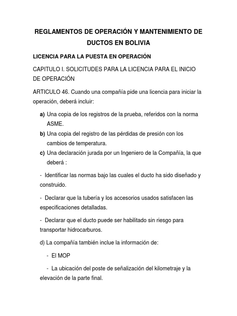 Reglamentos de Operación y Mantenimiento de Ductos en Bolivia | PDF ...