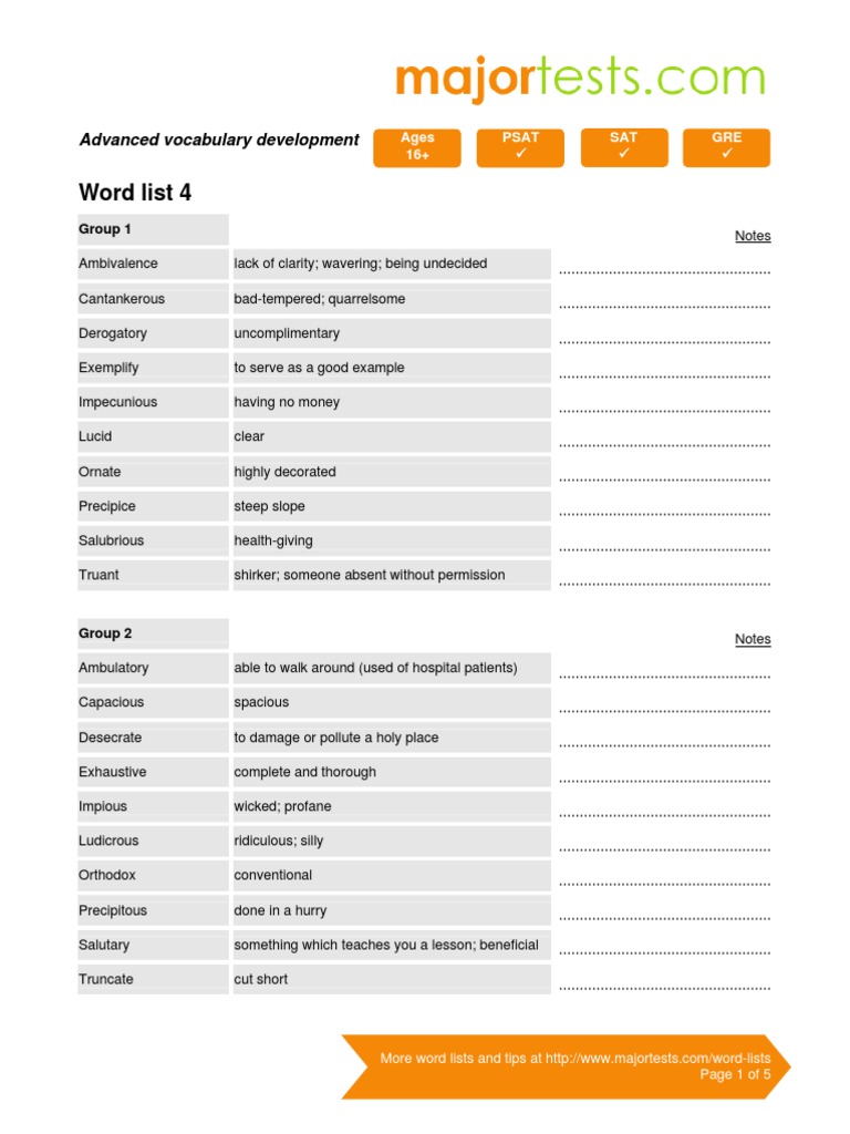 Word List 4: Advanced Vocabulary Development | PDF