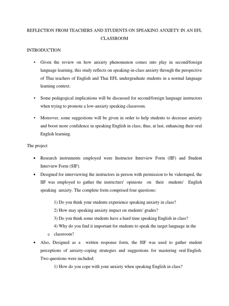 Reflection From Teachers and Students On Speaking Anxiety in An Efl ...