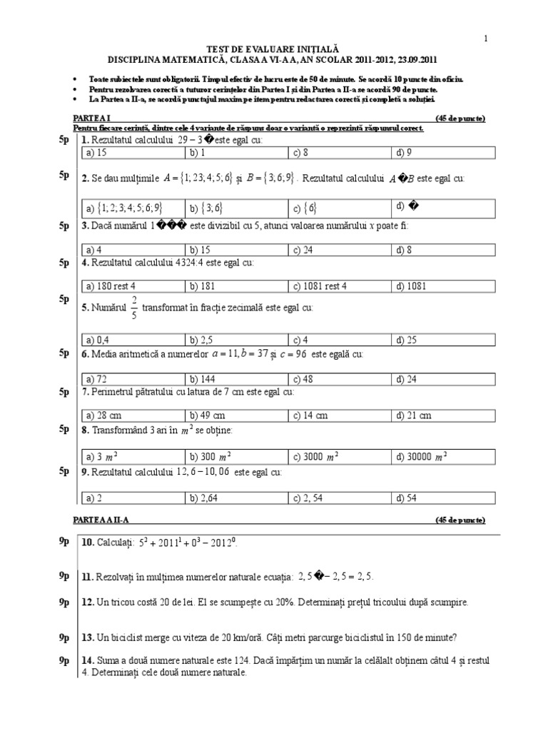 Test Initial Clasa A Vi-A A 2011-2012 | PDF