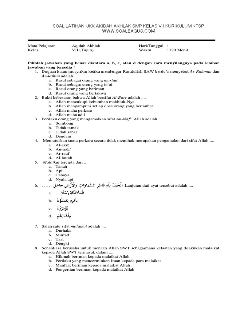 Soal Ukk Akidah Akhlaq Kelas 7 Plus Kunci Jawaban Ktsp Soal Ukk Akidah Akhlaq Kelas 7 Plus Kunci Jawaban Ktsp