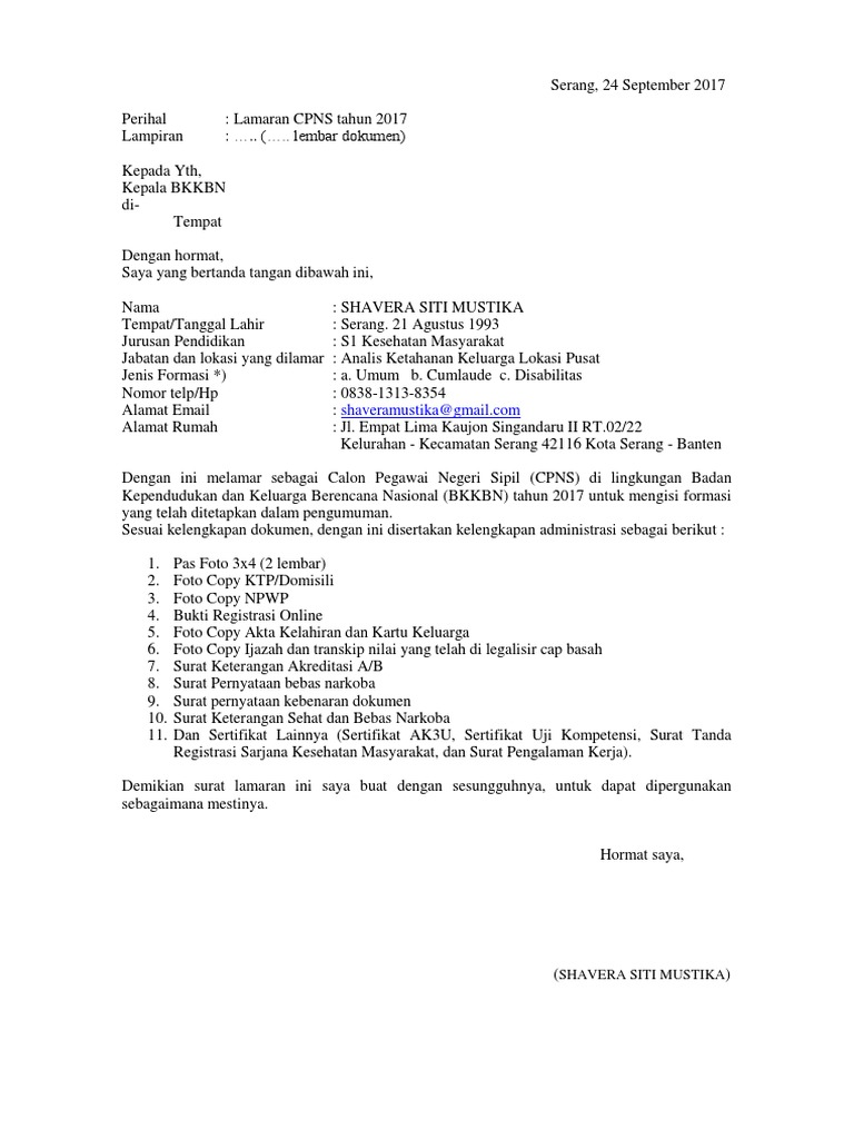 Form Lamaran BKKBN CPNS | PDF