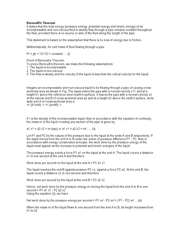 Proof of Bernoulli's Theorem | PDF | Fluid Dynamics | Pressure