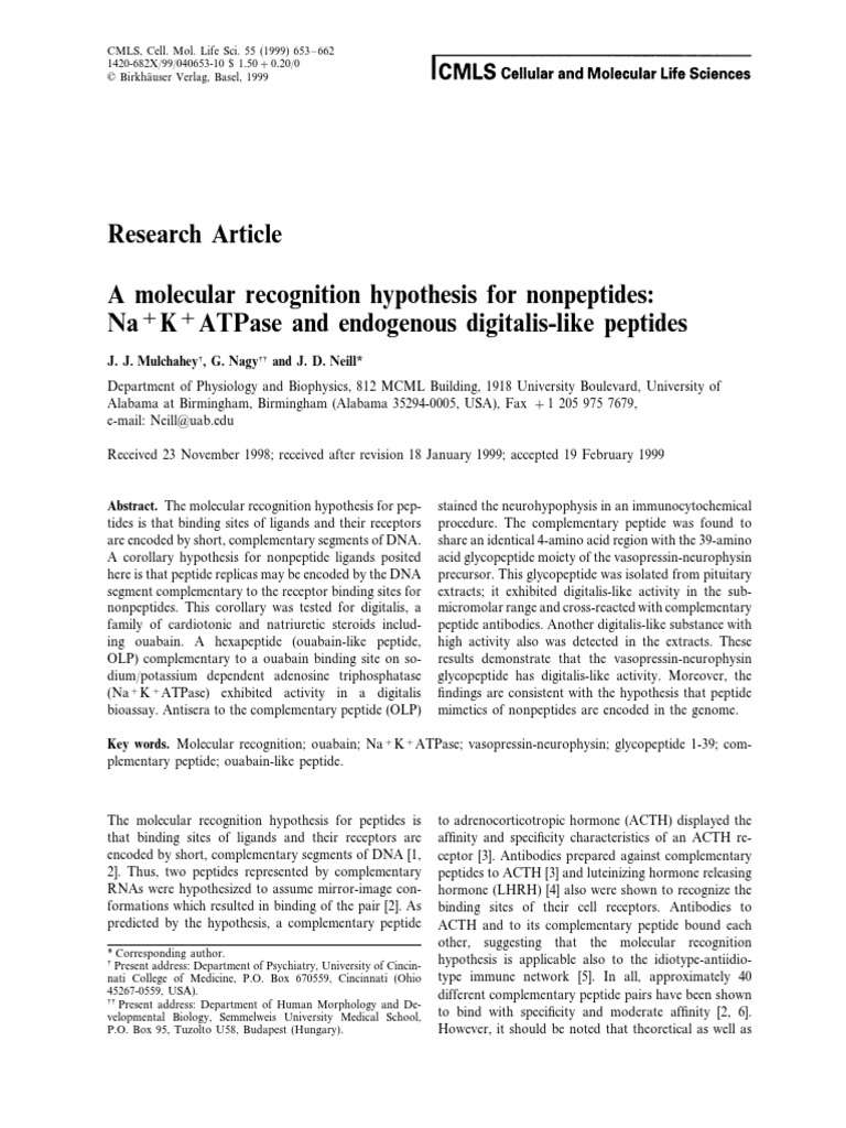 Research Article A Molecular Recognition Hypothesis For Nonpeptides Na K Atpase and Endogenous