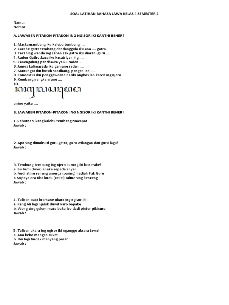 Soal Latihan Bahasa Jawa Kelas 4 Semester 2