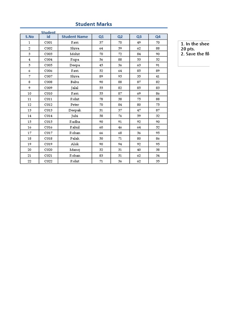 Student Marks: S.No Student Name Q1 Q2 Q3 Q4 Student Id | PDF