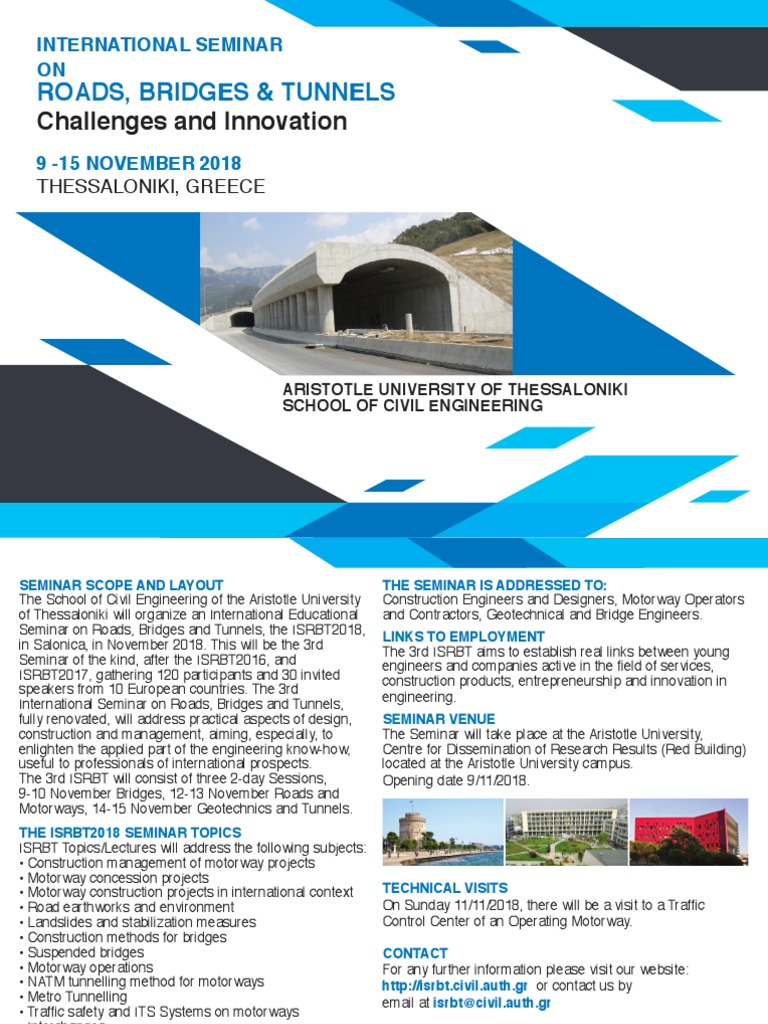 International Seminar On Roads Bridges And Tunnels Isrbt18 9 15 November 18 Thessaloniki Greece Controlled Access Highway Tunnel