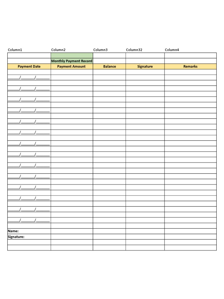 Monthly Payment Record Template | PDF