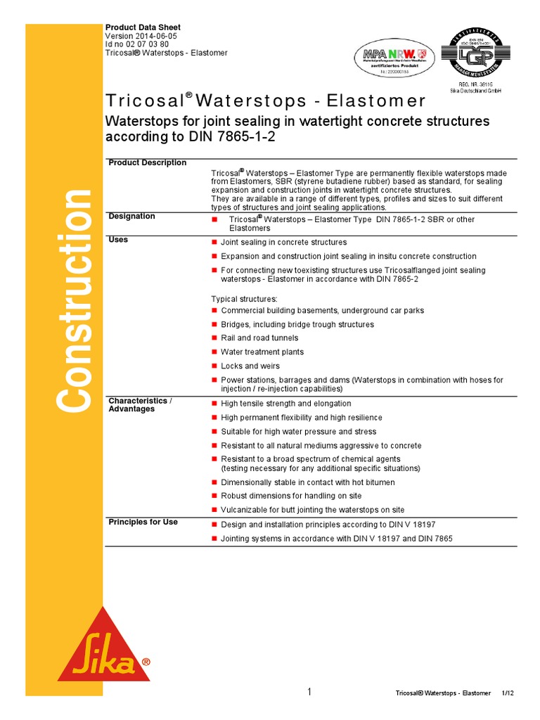Tricosal Waterstops Elastomer PB ENG PDF Ultimate Tensile