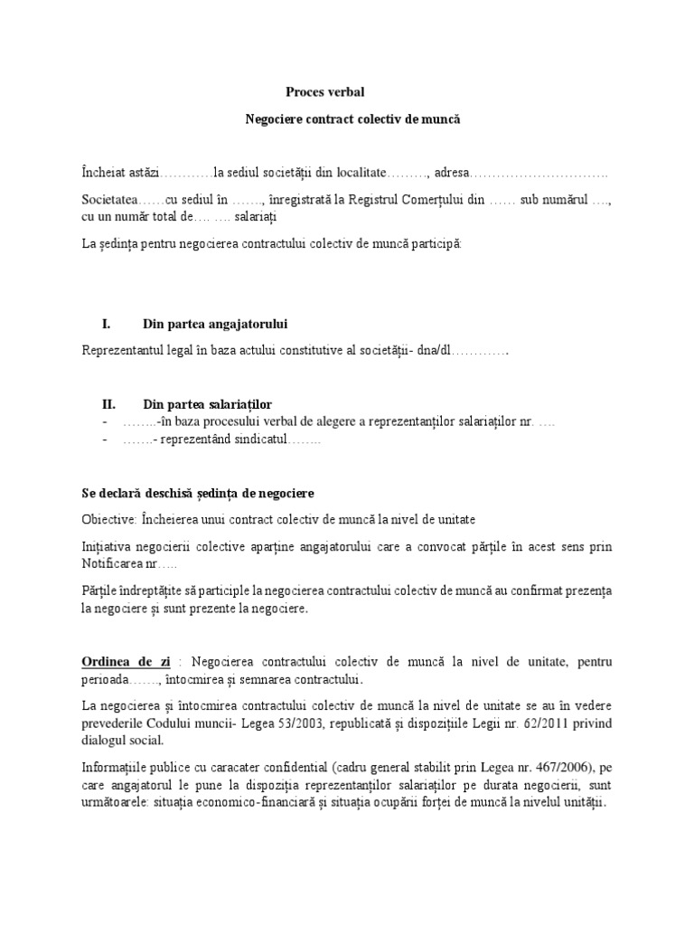 Proces Verbal Negociere Contract Colectiv De MuncÄƒ