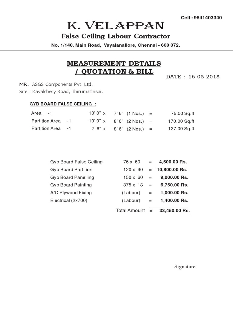 Quotation for False Ceiling Services | PDF