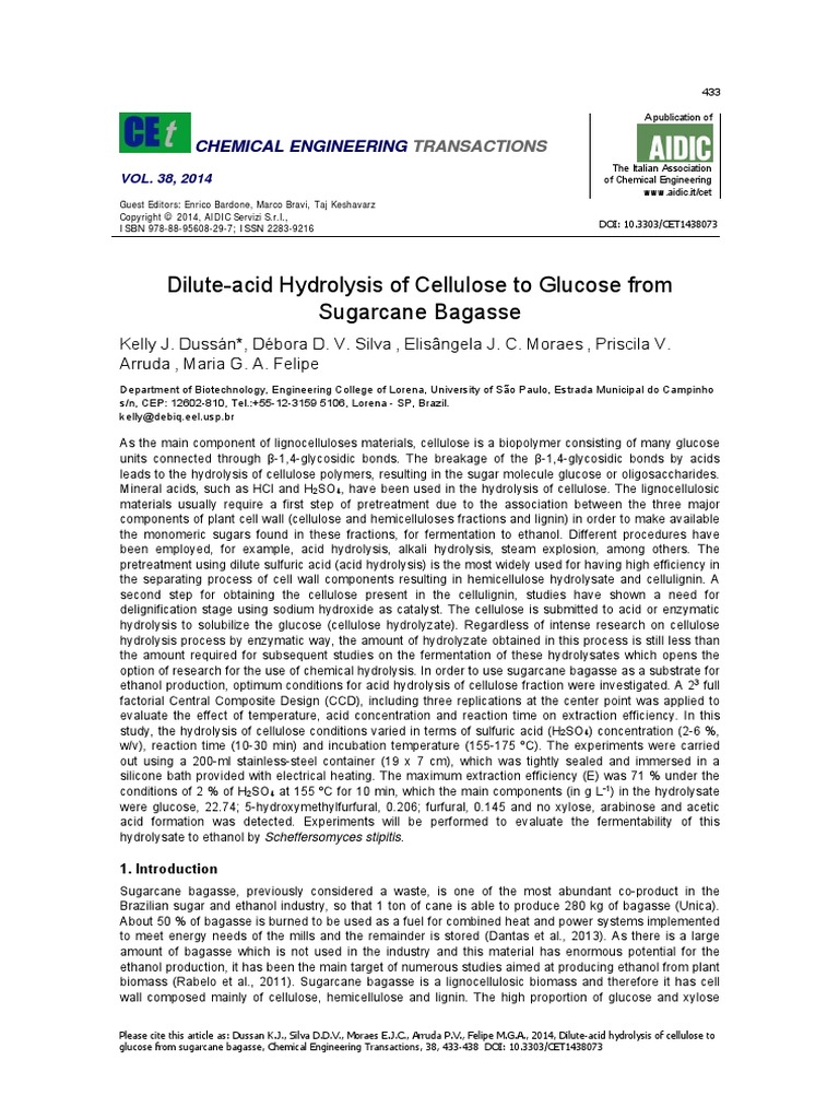 Dilute-Acid Hydrolysis of Cellulose To Glucose From Sugarcane Bagasse ...