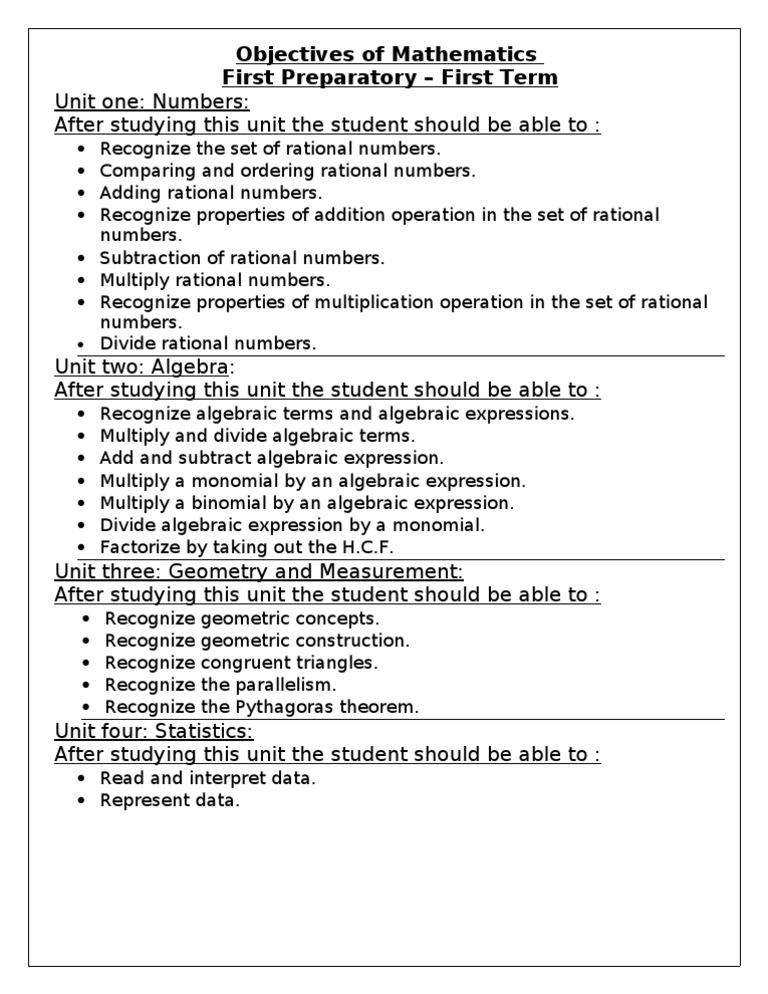 Mathematics Objectives for First Term | PDF | Teaching Methods & Materials