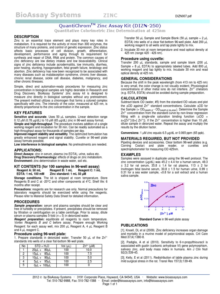 Bioassay Systems Quantichrom Zinc Assay Kit (Dizn250) PDF Zinc