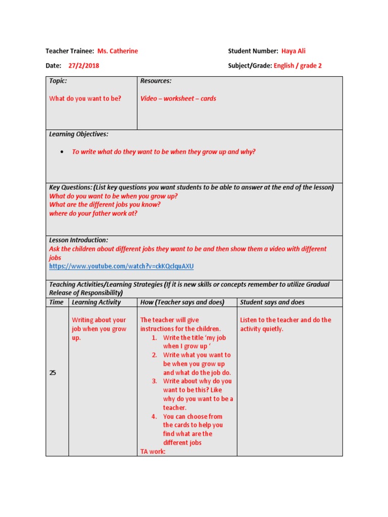 Ms Catherine Haya Ali 27 2 18 English Grade 2 Teacher Trainee Student Number Date Subject Grade Understanding Teachers