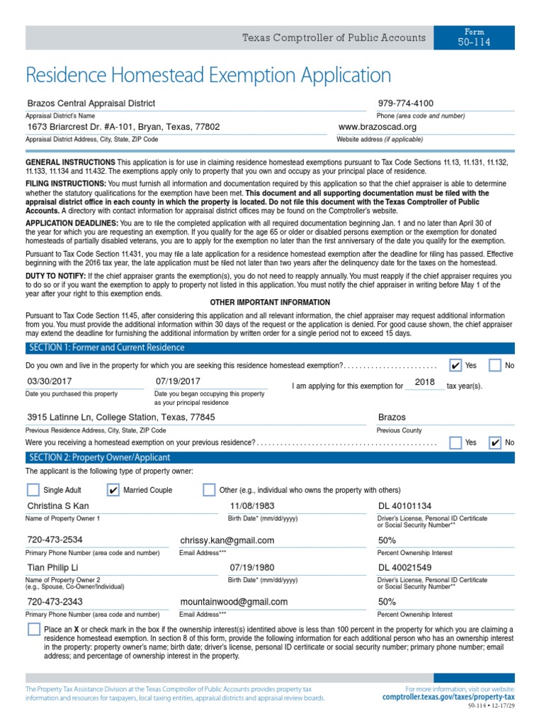 Residence Homestead Exemption Application Texas Comptroller of Public