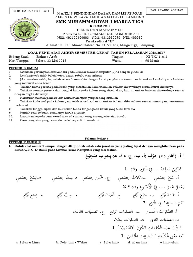 Soal Bahasa Arab Kelas Xi Tkj 1 Dan 2