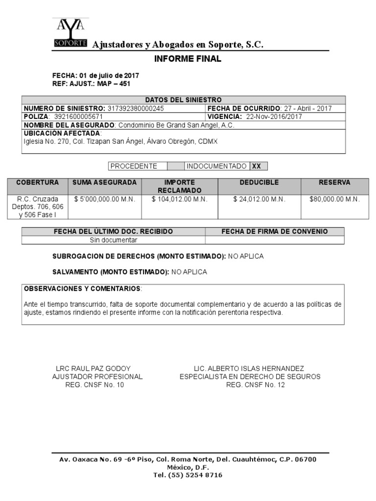 Informe de Siniestro Indocumentado | PDF | Póliza de seguros | Seguro