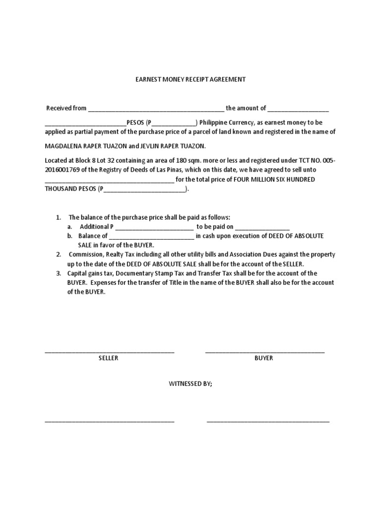 Earnest Money Receipt Agreement | PDF