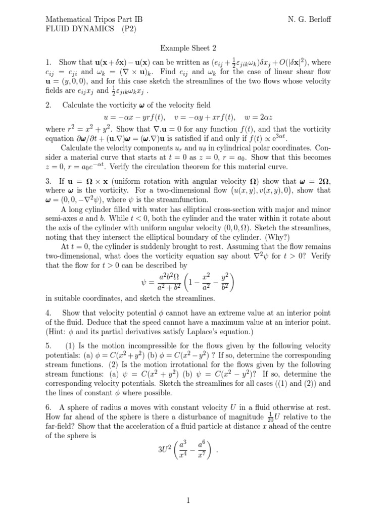 Fluid Dynamics Example Sheet 2.pdf Fluid Mechanics Fluid Dynamics