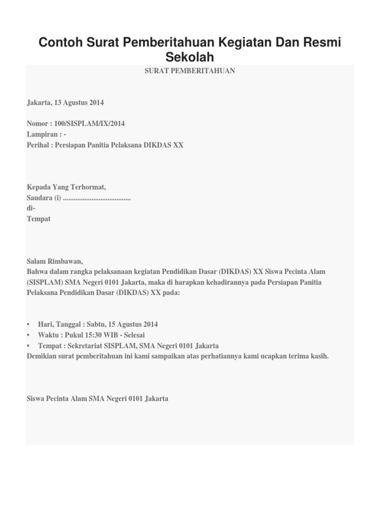 Contoh Surat Pemberitahuan