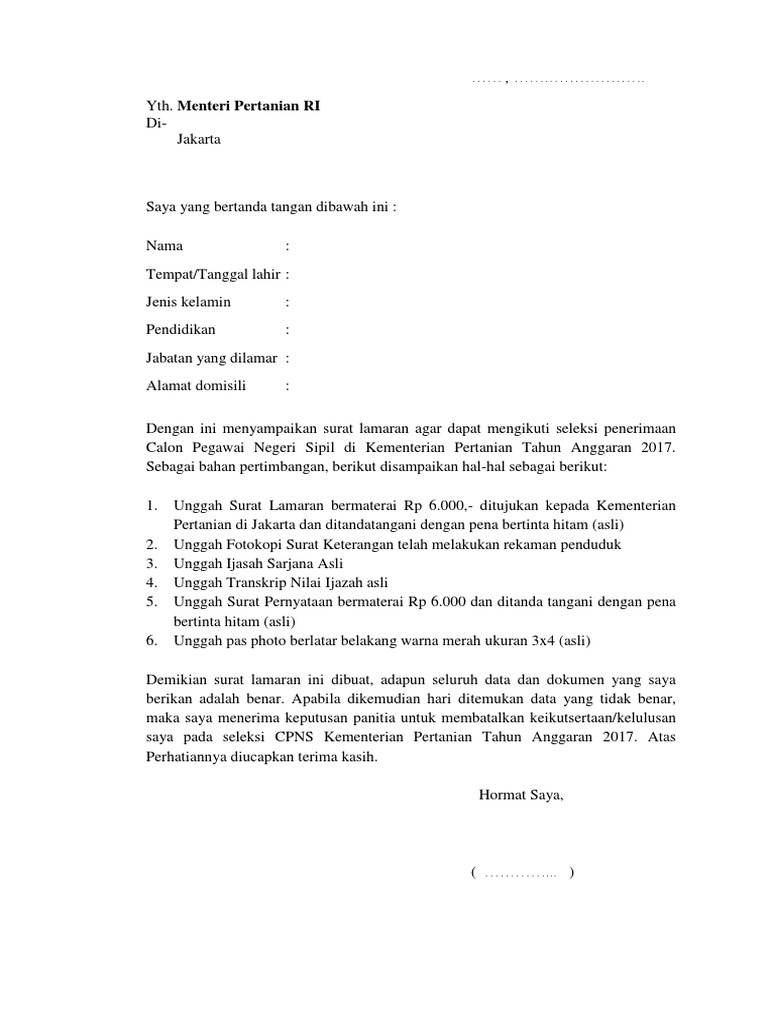 Contoh Surat Lamaran Kemenkes Ri