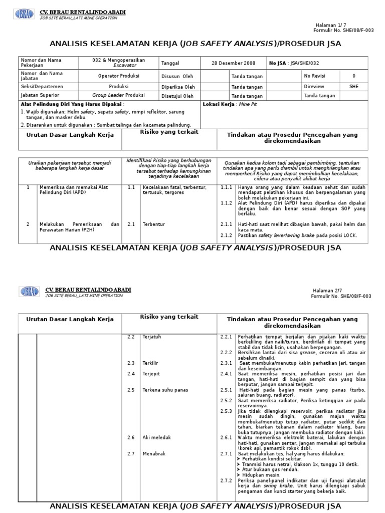 JSA Mengoperasikan Excavator PDF