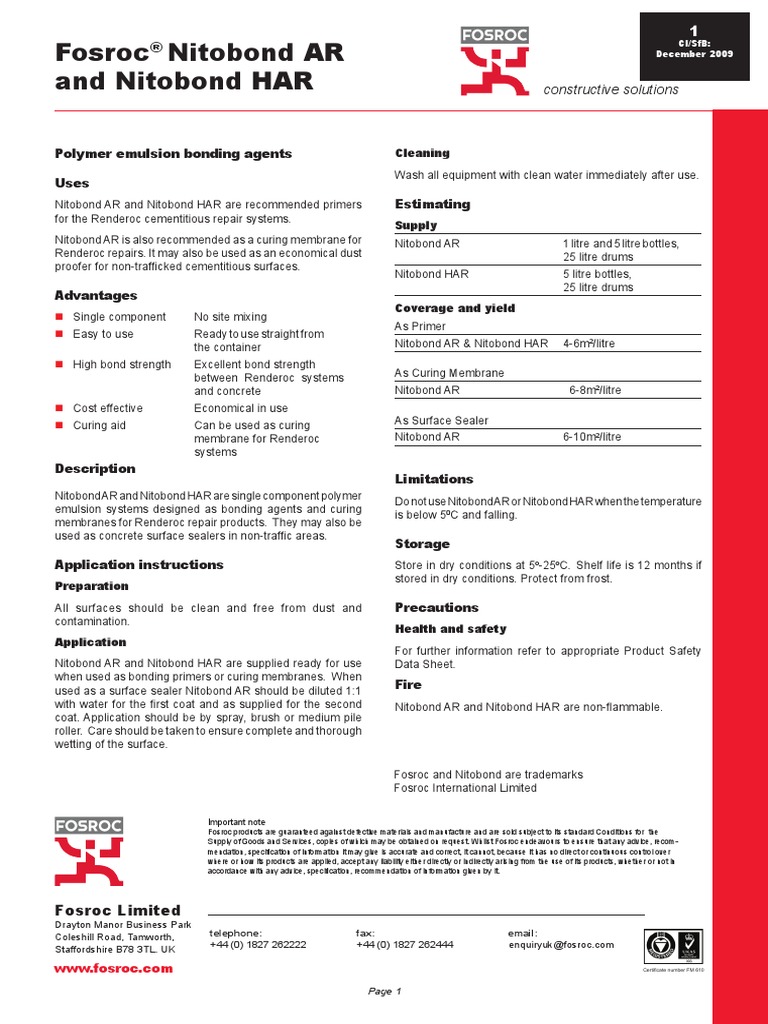 Fosroc Nitobond AR and HAR 1209 PDF Concrete Building Engineering