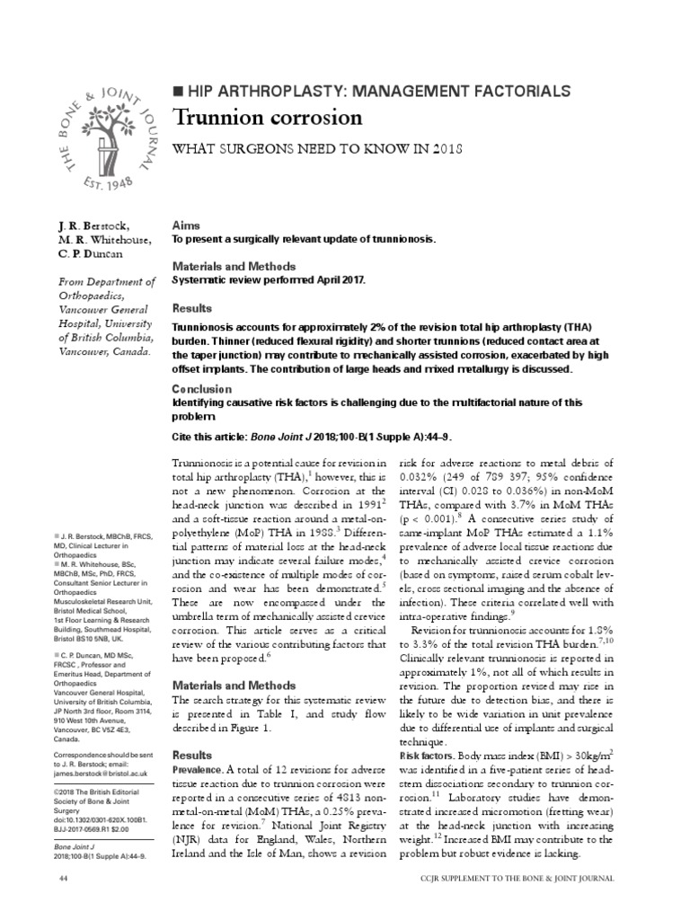 Trunnion Corrosion Hip Arthroplasty Management Factorials PDF