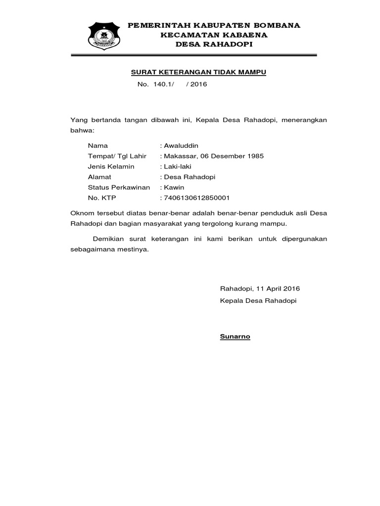 Surat Keterangan Tidak Mampu