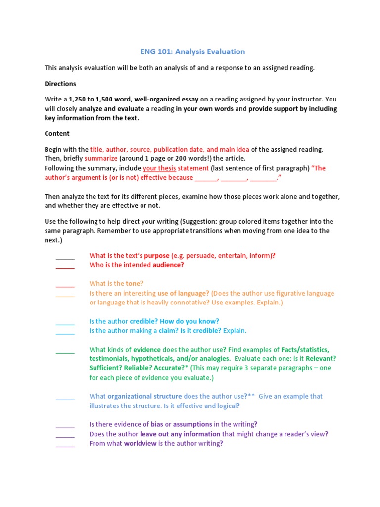 ENG 101 Reading Analysis Guide | PDF | Argument | Evaluation