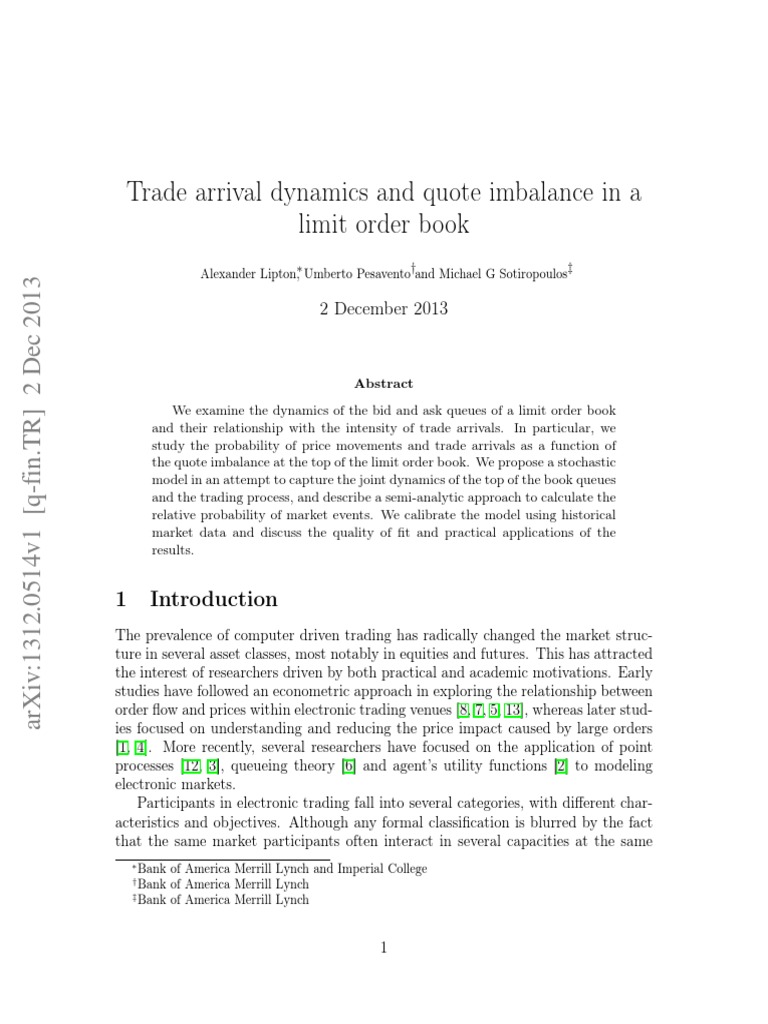 Trade arrival dynamics and quote imbalance in a limit order book | PDF ...