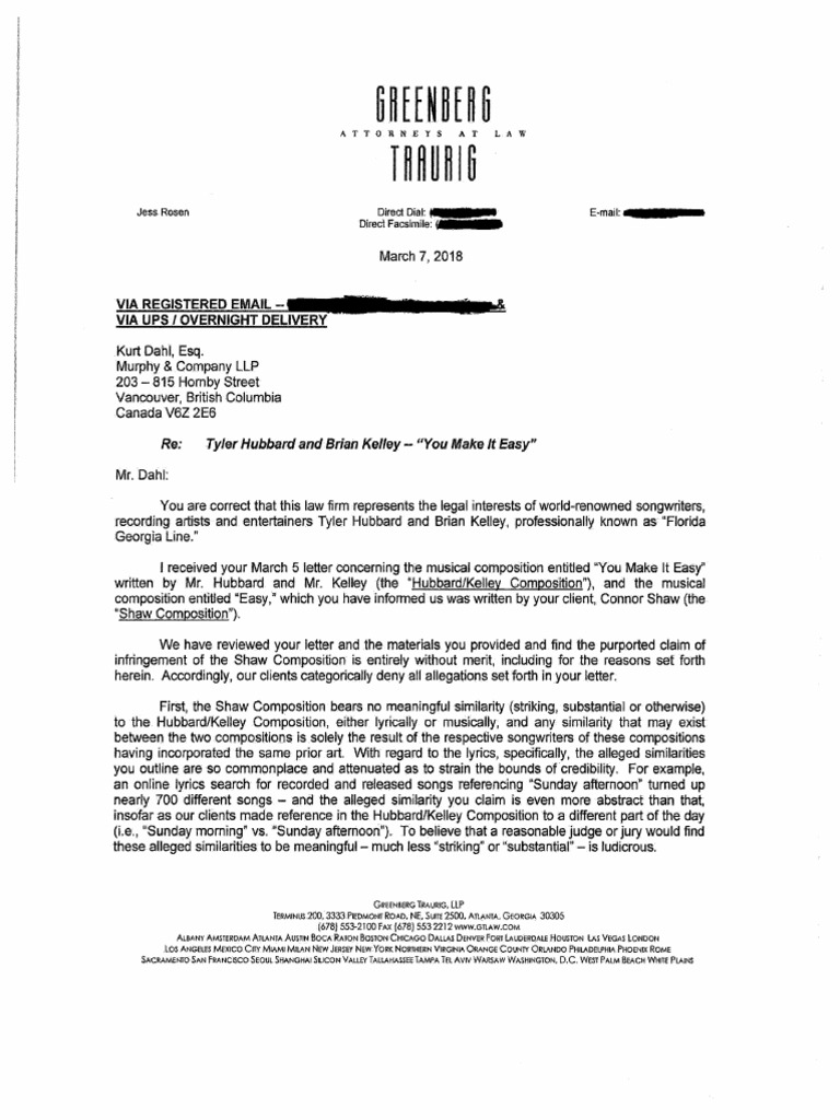 Letter From The Lawyer Representing Florida Georgia Line