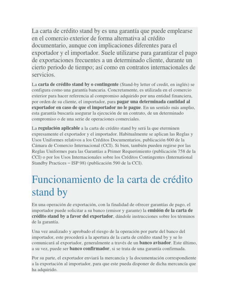 La Carta de Crédito Stand By  Carta de crédito  Bancos