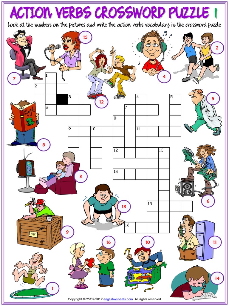 action verbs vocabulary esl crossword puzzle worksheets for kids pdf leisure