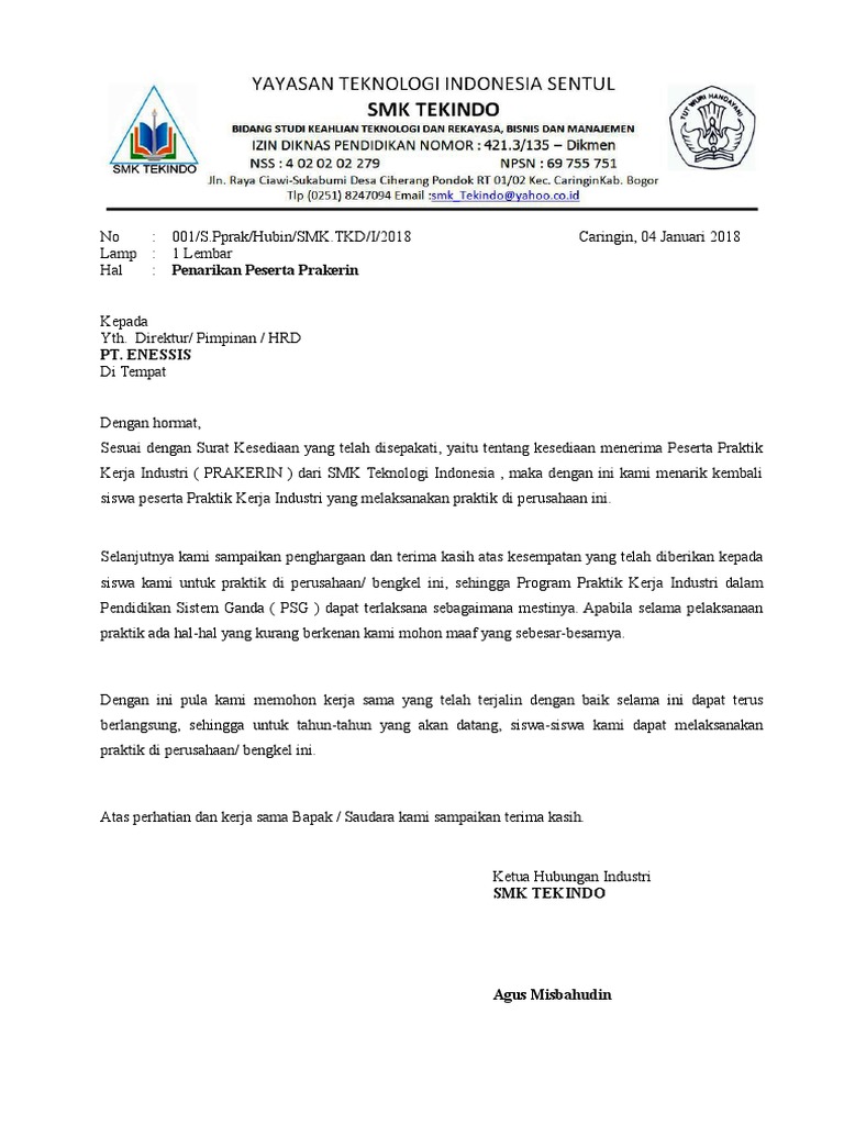 Contoh Surat Penarikan Prakerin SMK TKD