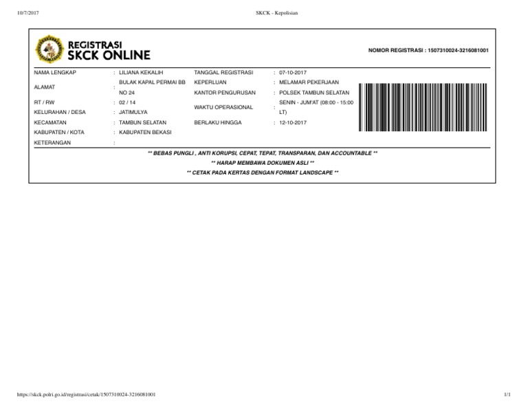 SKCK Registration Details for Liliana Kekalih | PDF