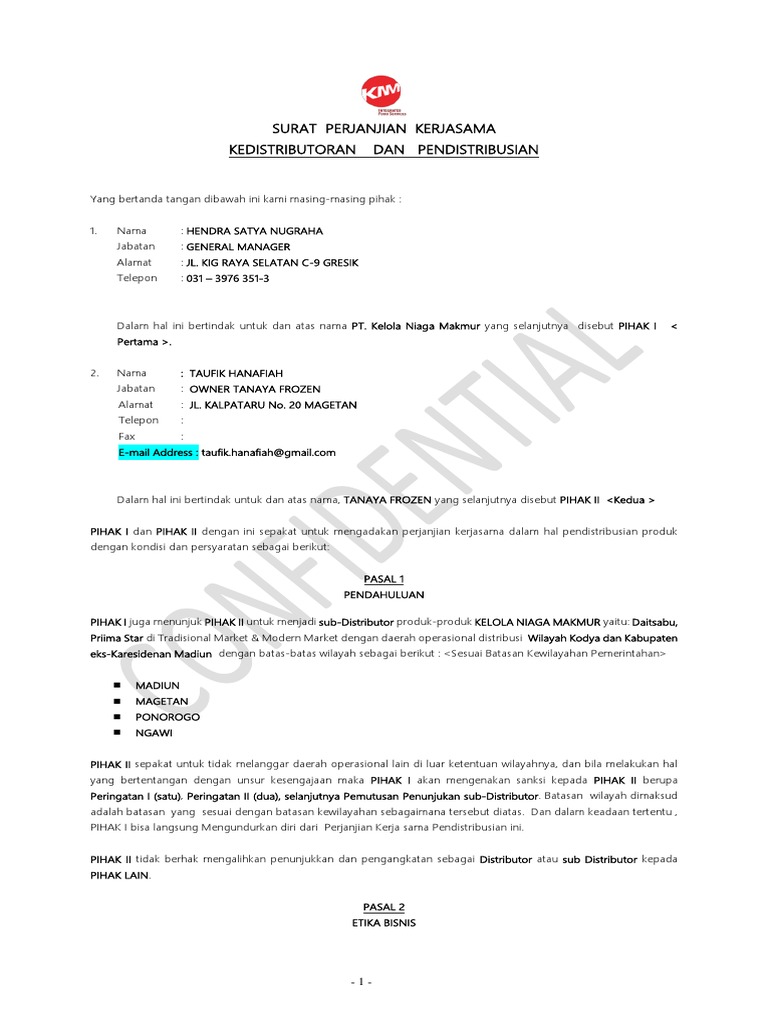 Perjanjian Distribusi PT Kelola Niaga Makmur | PDF