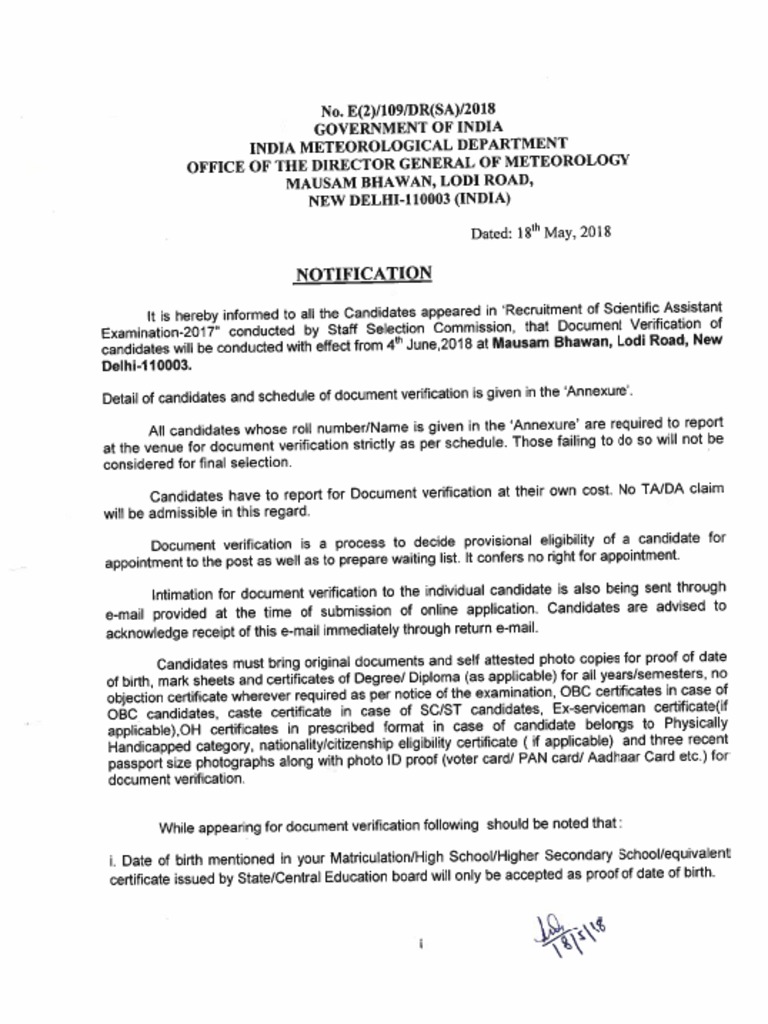 IMD Document Verification Notice | PDF