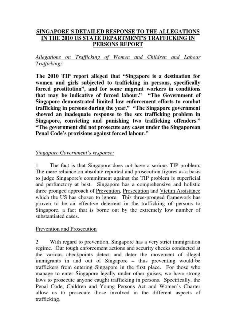 Singapore's Response to 2010 TIP Report | PDF | Human Trafficking | Sex ...