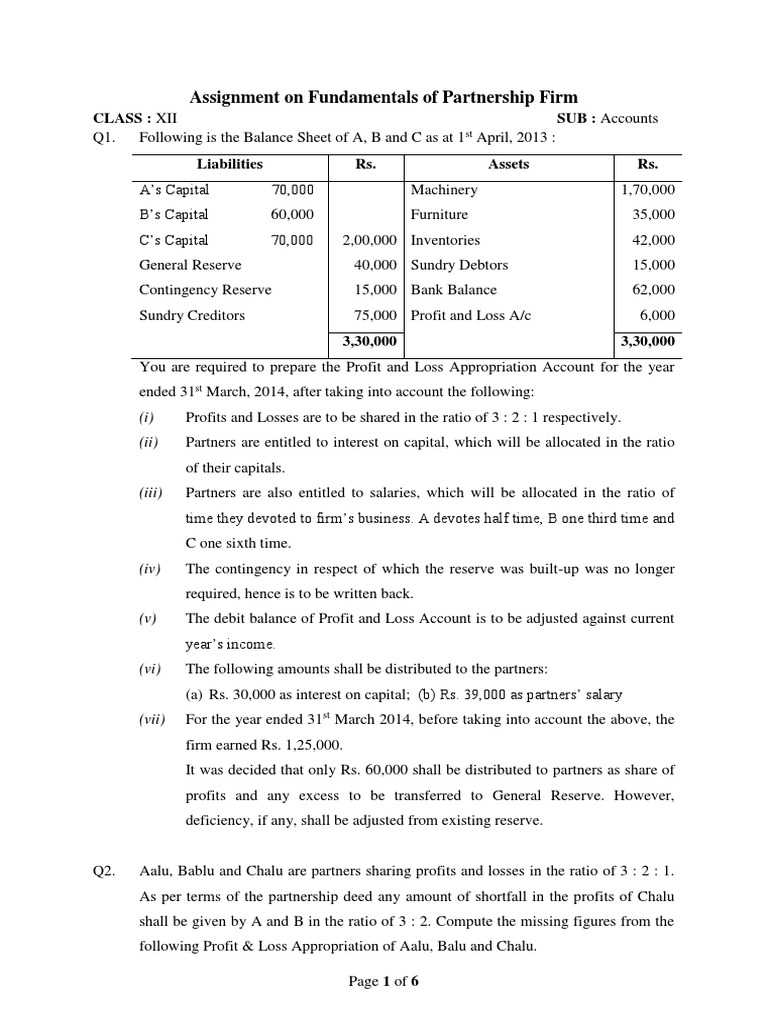 Partnership Fundamentals Assignment Class XII | PDF | Partnership ...