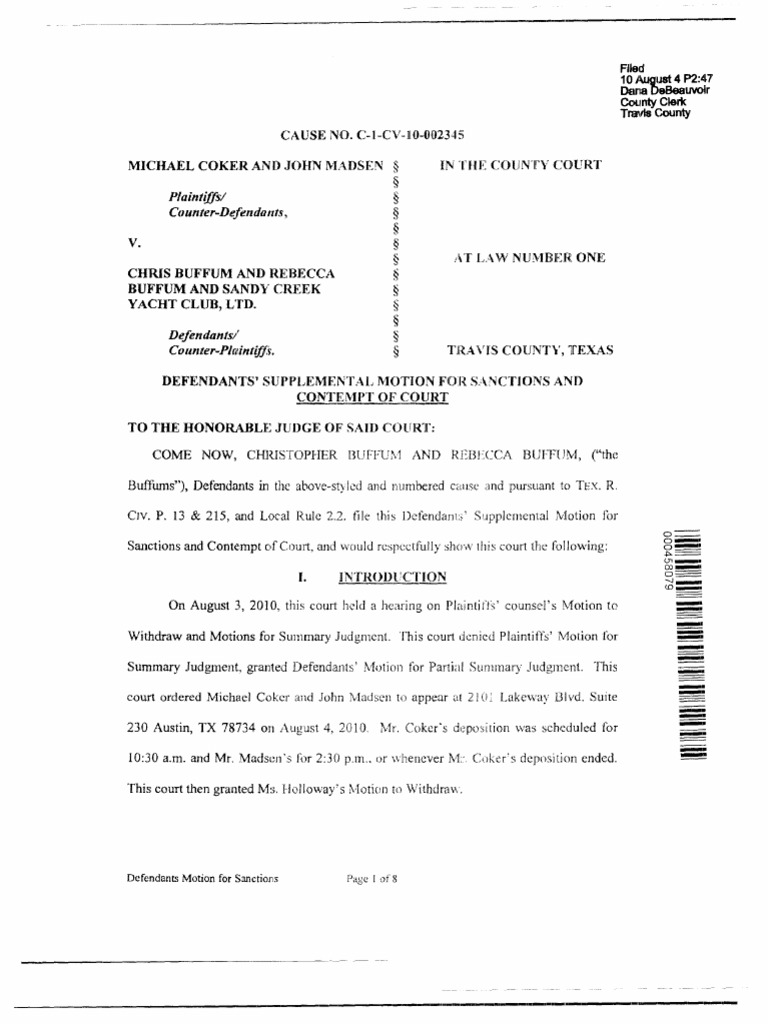 Coker v Buffum, Supplement Motion for Sanctions